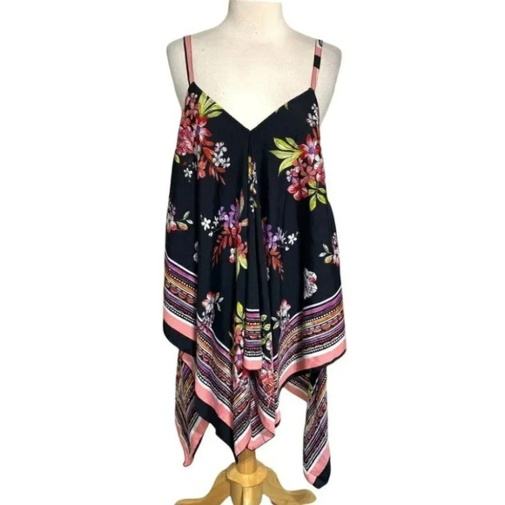 NYC Trends Sharkbite Hem Tank Top L Black Floral Boho Low Back Spaghetti Strap